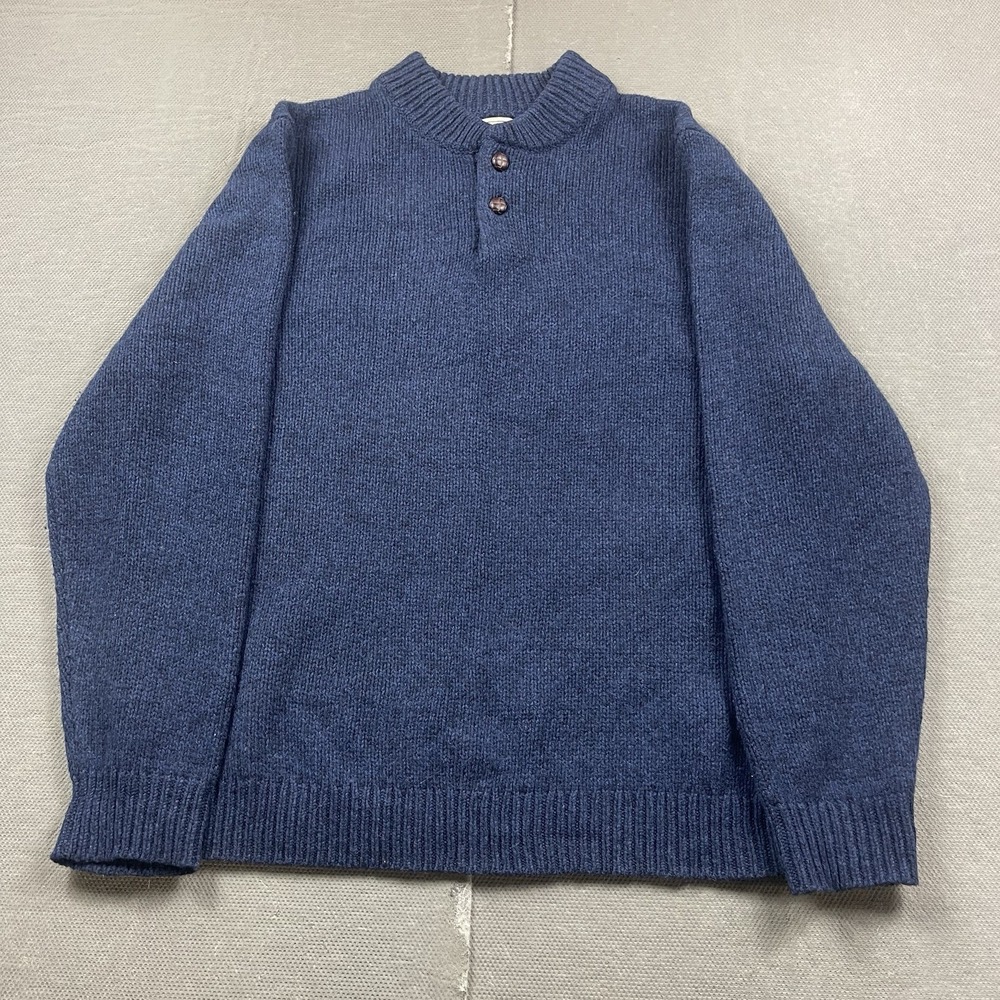 L.L. Bean Sweater Mens XL Blue Lambswool Knit Crewneck Henley Button Up Pullover
